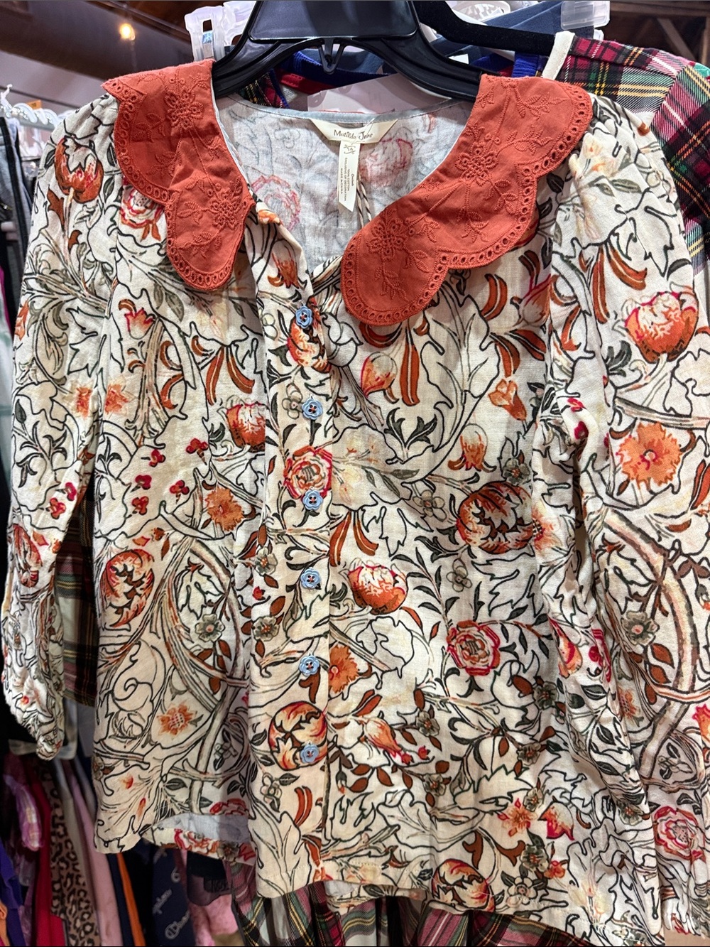Matilda Jane Cream Floral Blouse with Rust Eyelet Collar